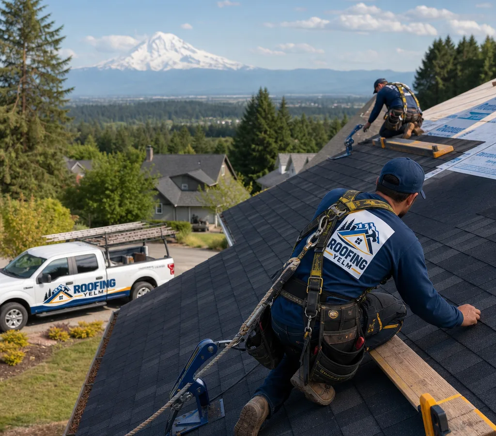 Roofing crew installing asphalt shingles on a residential home in Yelm, Washington