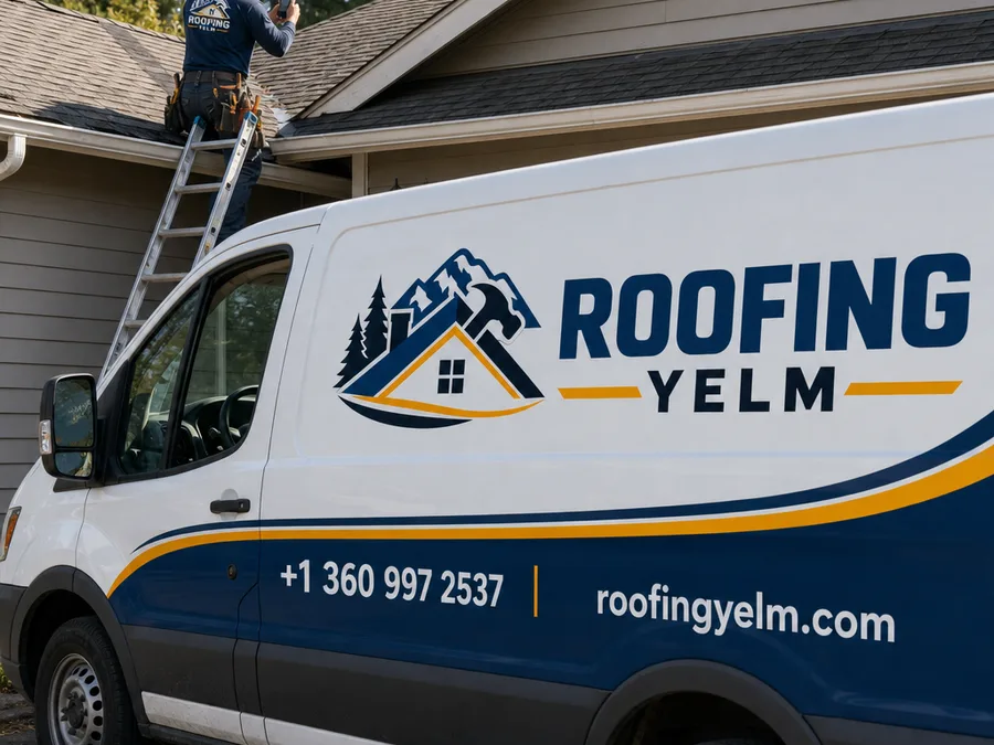 Roofer inspecting flashing at a roof-to-wall transition on a Yelm-area home